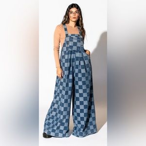 Dressed in Lala checkered wide leg overall jumpsuit. 3X